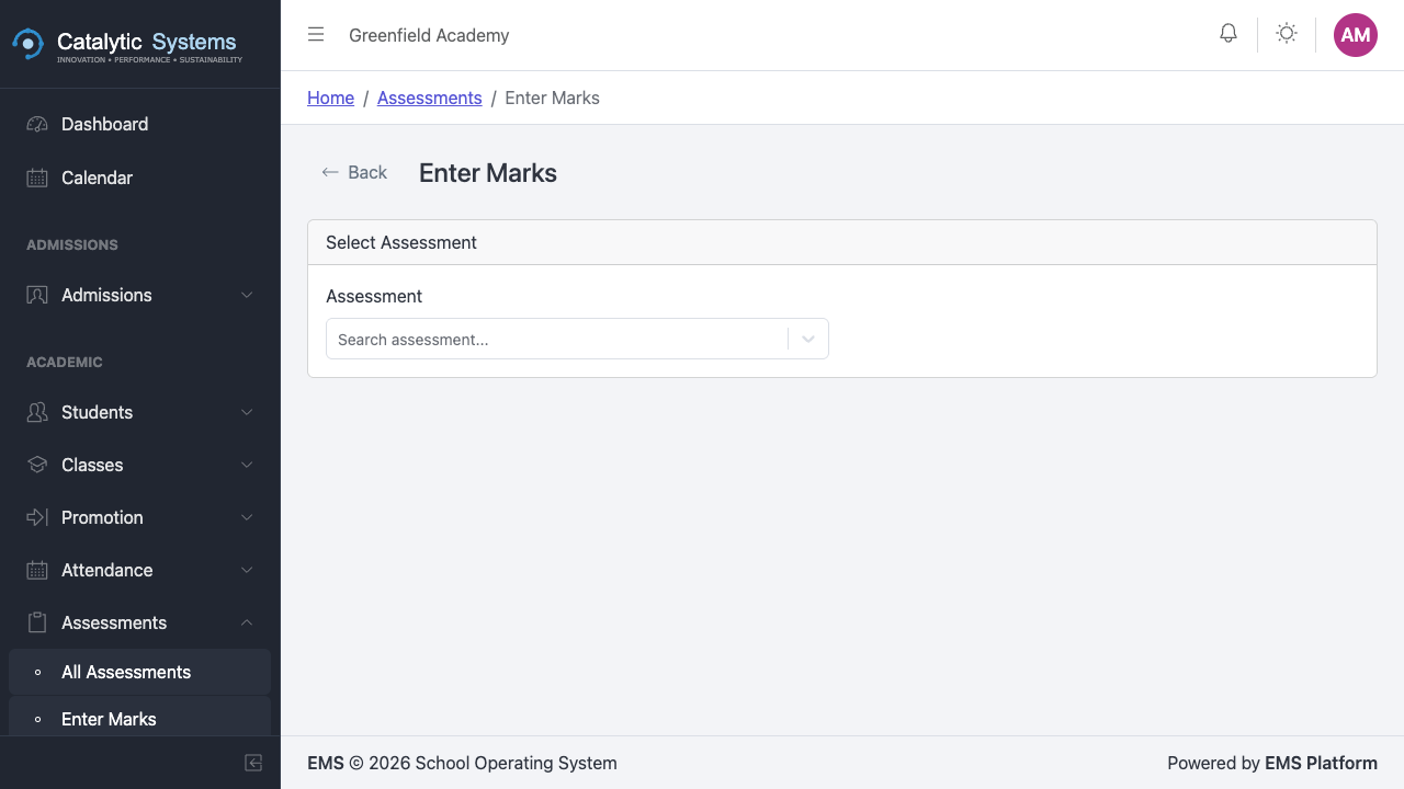Marks Entry Screen