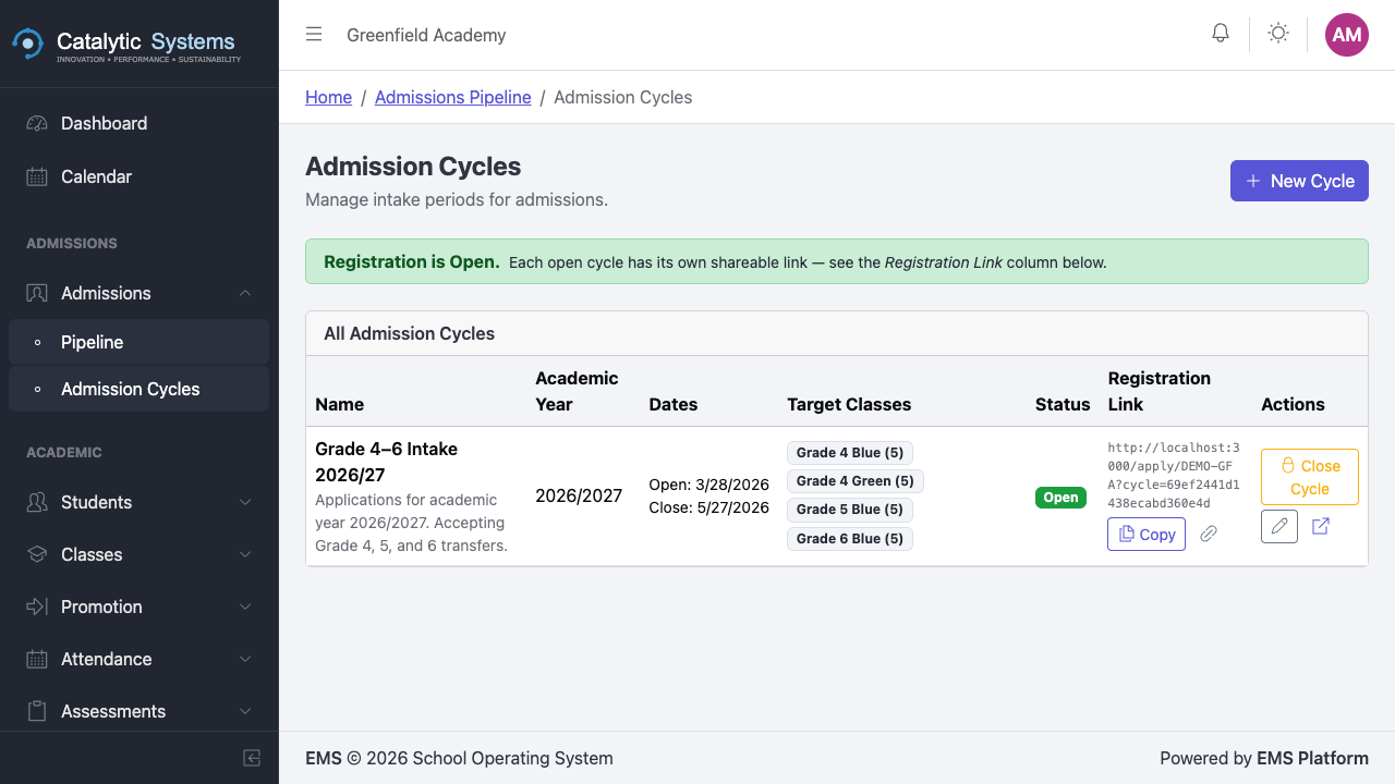Admission cycles list