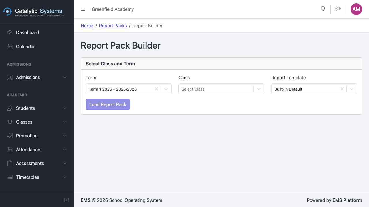 Report pack builder — teacher view
