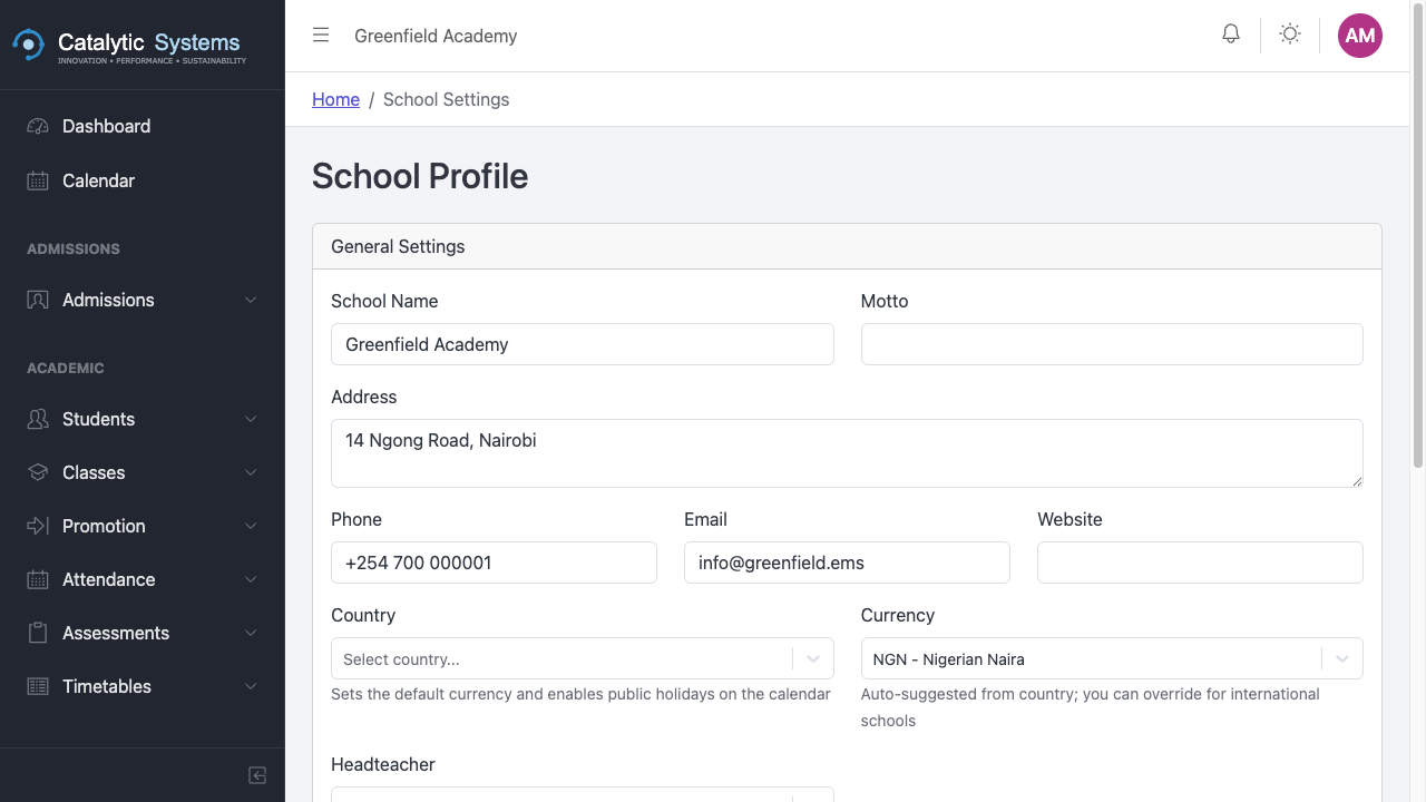 School settings page