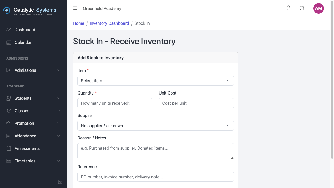 Stock In form