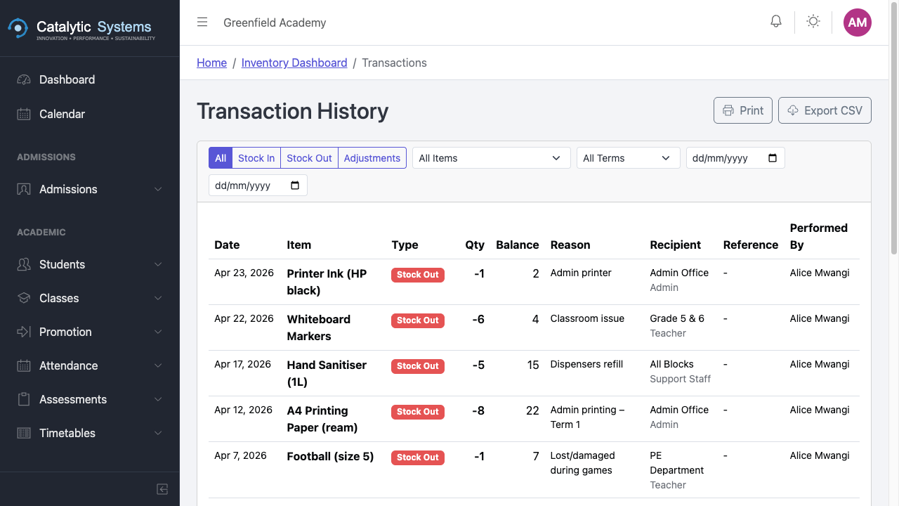 Stock transactions log